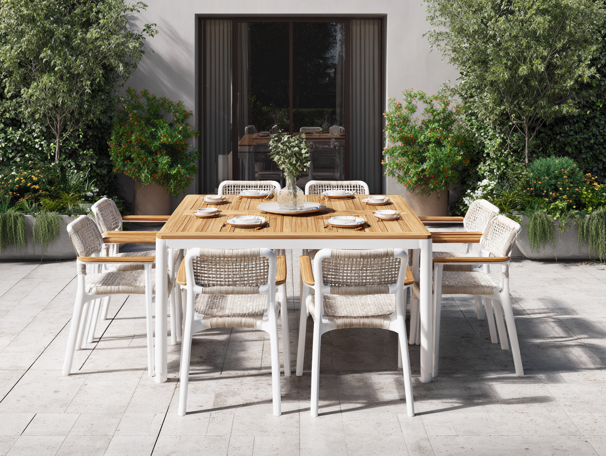 Conjunto de comedor de metal y madera - mesa 200x200x75 cm - blanco/madera - apto para exteriores