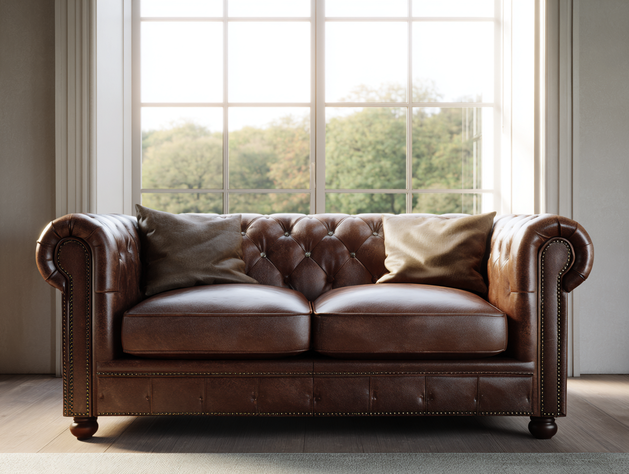 Sofá de 2 plazas tapizado en cuero 170x95x50cm - marrón - para salón - diseño clásico con respaldo capitoné