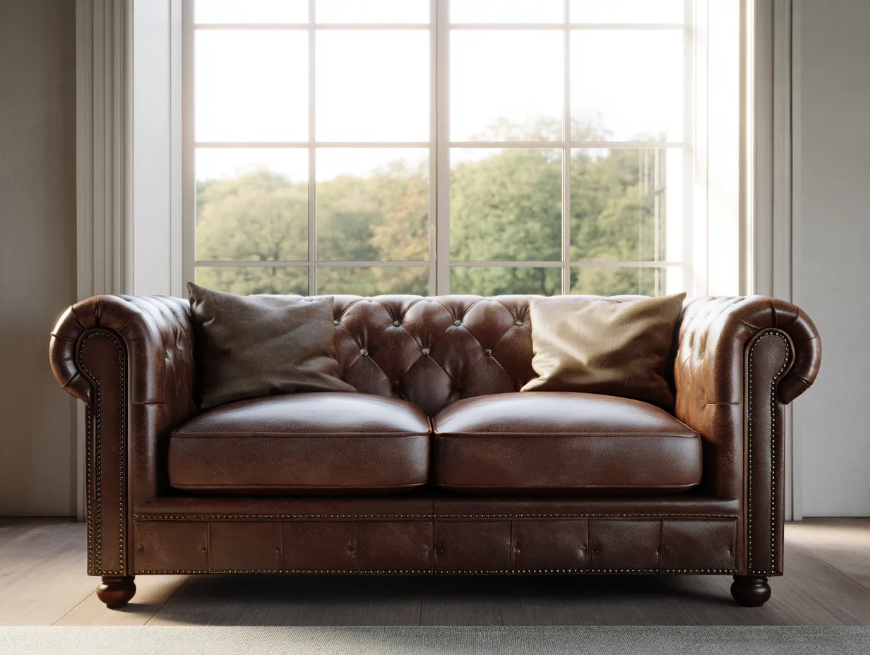Sofá de 2 plazas tapizado en cuero 170x95x50cm - marrón - para salón - diseño clásico con respaldo capitoné