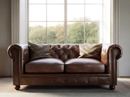 Sofá de 2 plazas tapizado en cuero 170x95x50cm - marrón - para salón - diseño clásico con respaldo capitoné