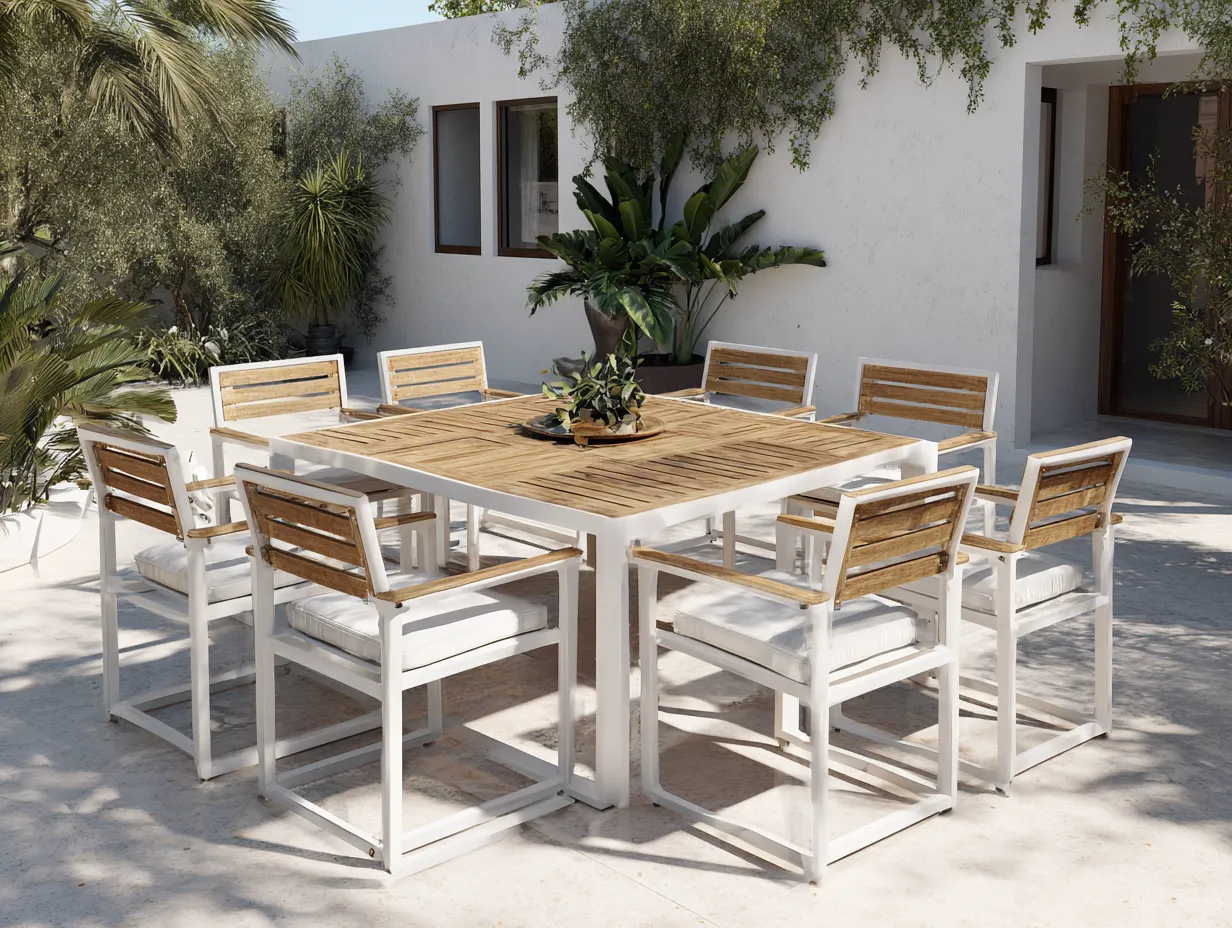 Conjunto de comedor de exterior en madera y metal - mesa 200x200x75cm - blanco/madera natural - para jardín y terraza - diseño moderno