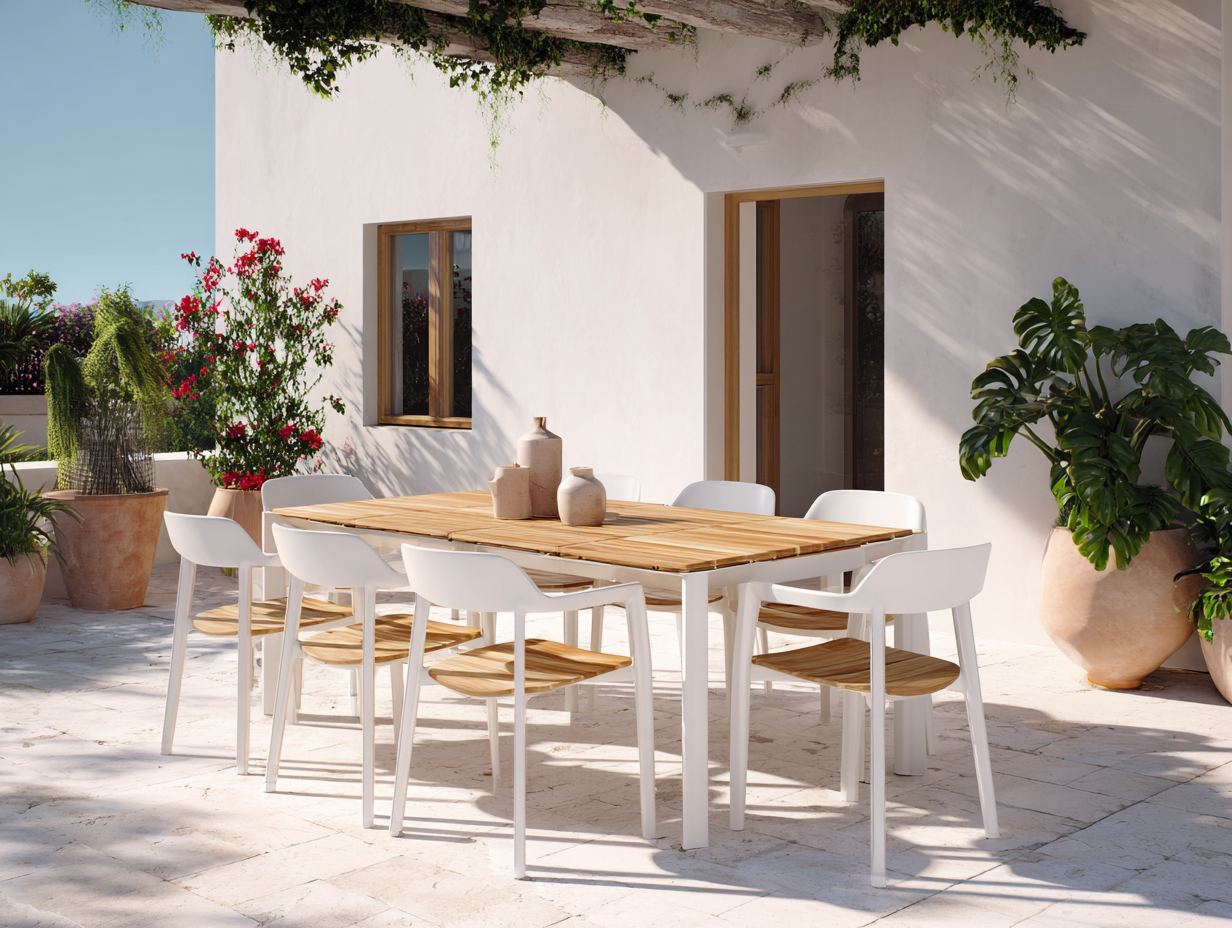 Conjunto de comedor de exterior en madera y metal - mesa 180x100x75cm - blanco/madera natural - para jardín y terraza