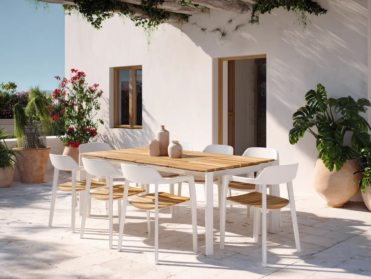 Conjunto de comedor de exterior en madera y metal - mesa 180x100x75cm - blanco/madera natural - para jardín y terraza