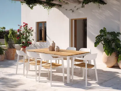 Conjunto de comedor de exterior en madera y metal - mesa 180x100x75cm - blanco/madera natural - para jardín y terraza