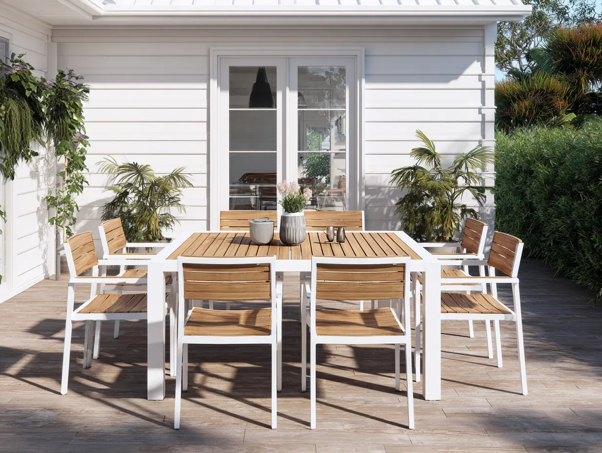 Conjunto de comedor de exterior en madera y metal - mesa 200x200x75cm - blanco/madera natural - para exteriores - diseño moderno