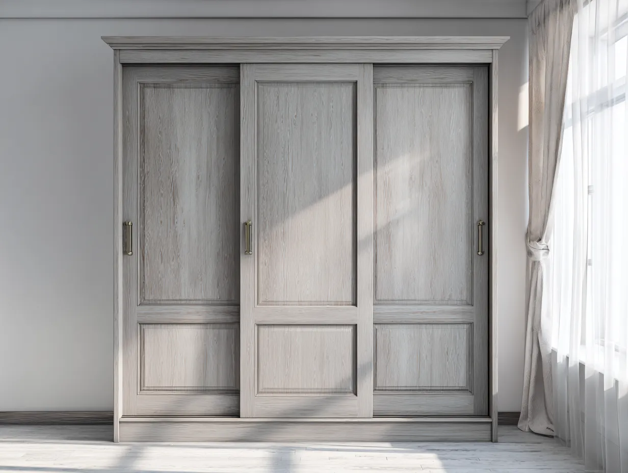 Armario ropero de dormitorio en madera 170x60x200cm - gris claro/dorado - para dormitorio - diseño clásico con puertas correderas y almacenaje