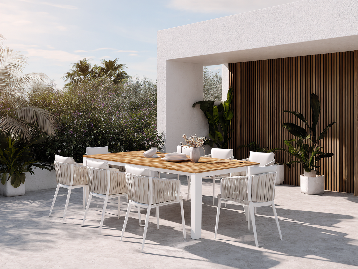 Conjunto de comedor de exterior en madera y metal - mesa 220x125x75cm - blanco/madera natural - para jardín y terraza - diseño moderno