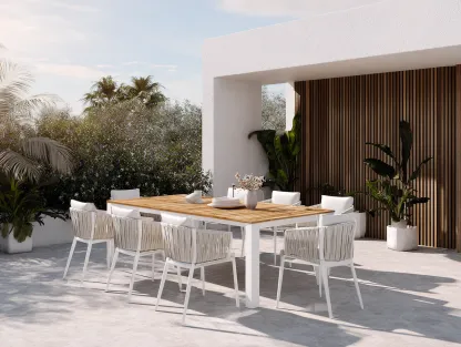 Conjunto de comedor de exterior en madera y metal - mesa 220x125x75cm - blanco/madera natural - para jardín y terraza - diseño moderno