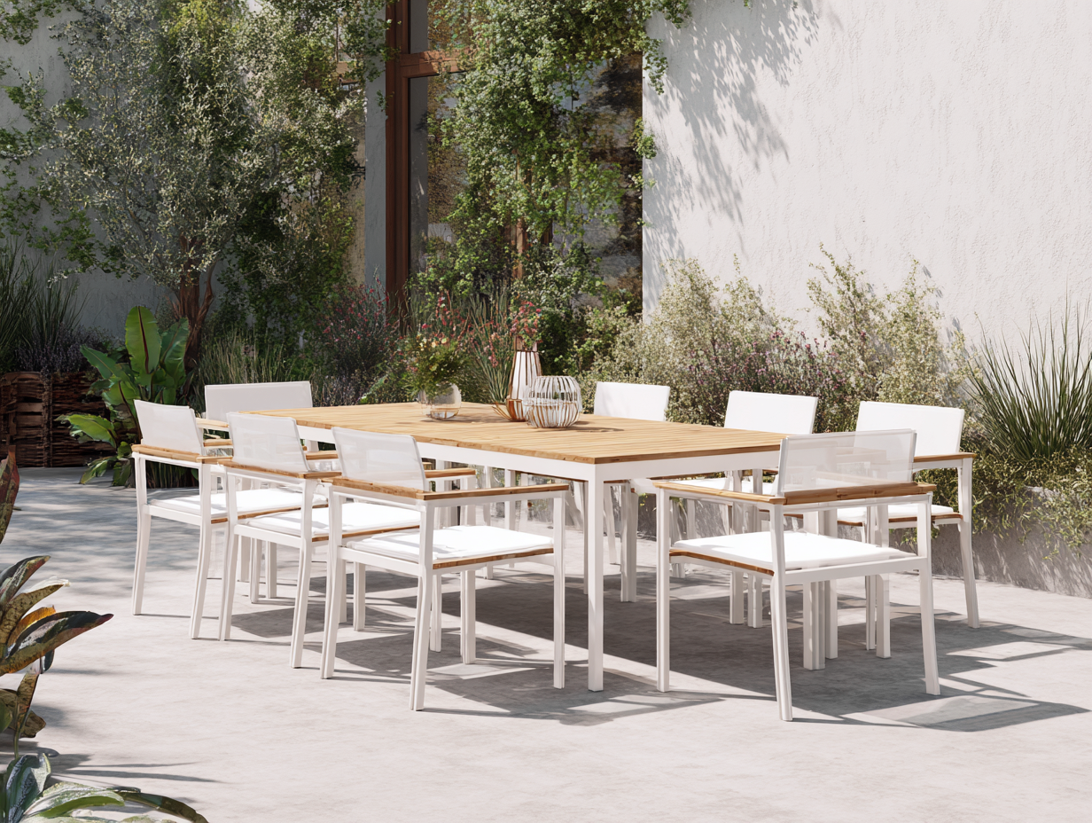 Conjunto de comedo de metal y madera - mesa 220x130x75 cm - blanco/madera - para jardín