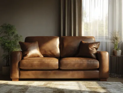 Sofá 2 plazas de cuero auténtico 165x90x55 cm - marrón - para salón - diseño contemporáneo