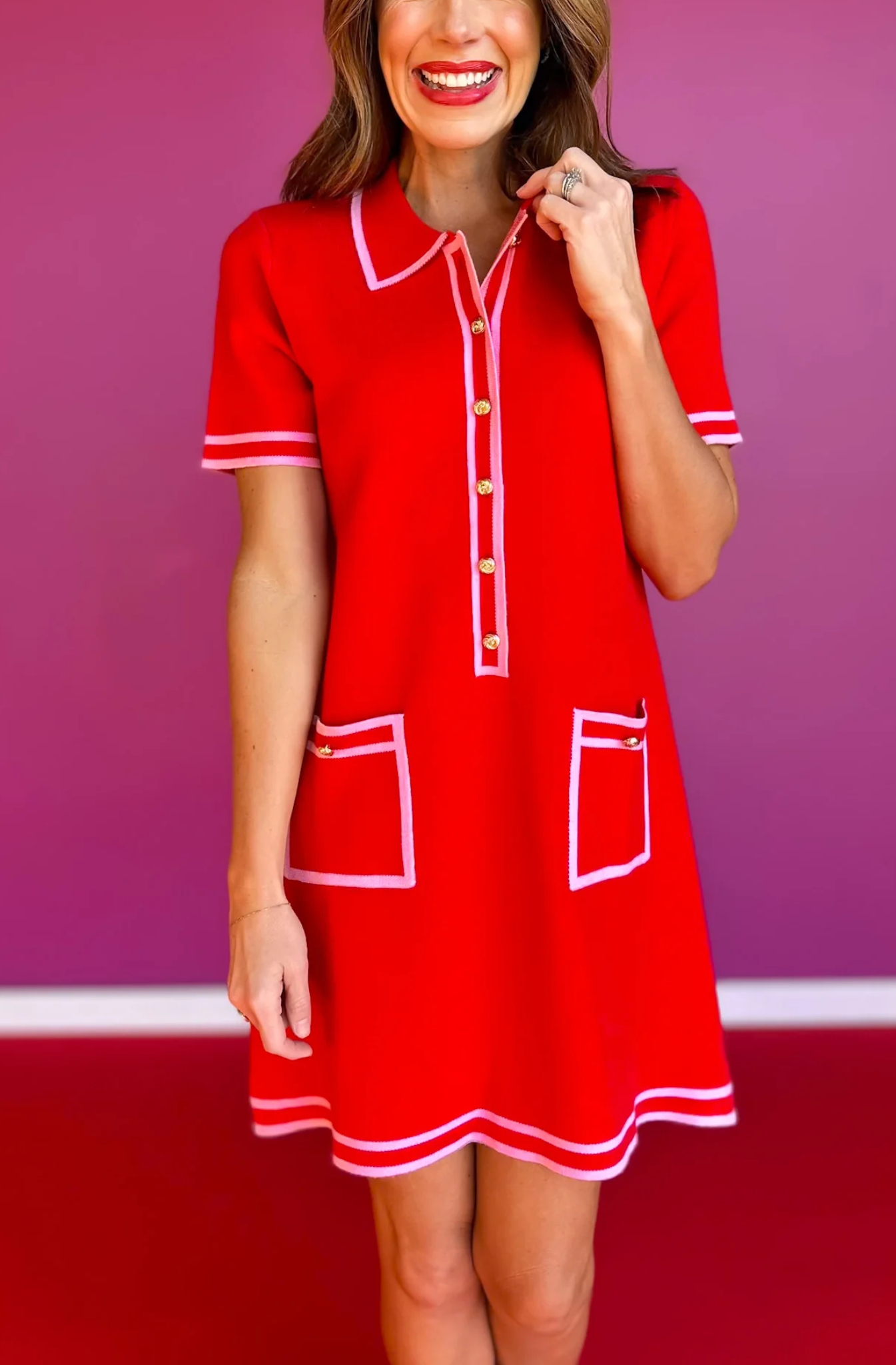 Contrast Knit Dress In Red Pink