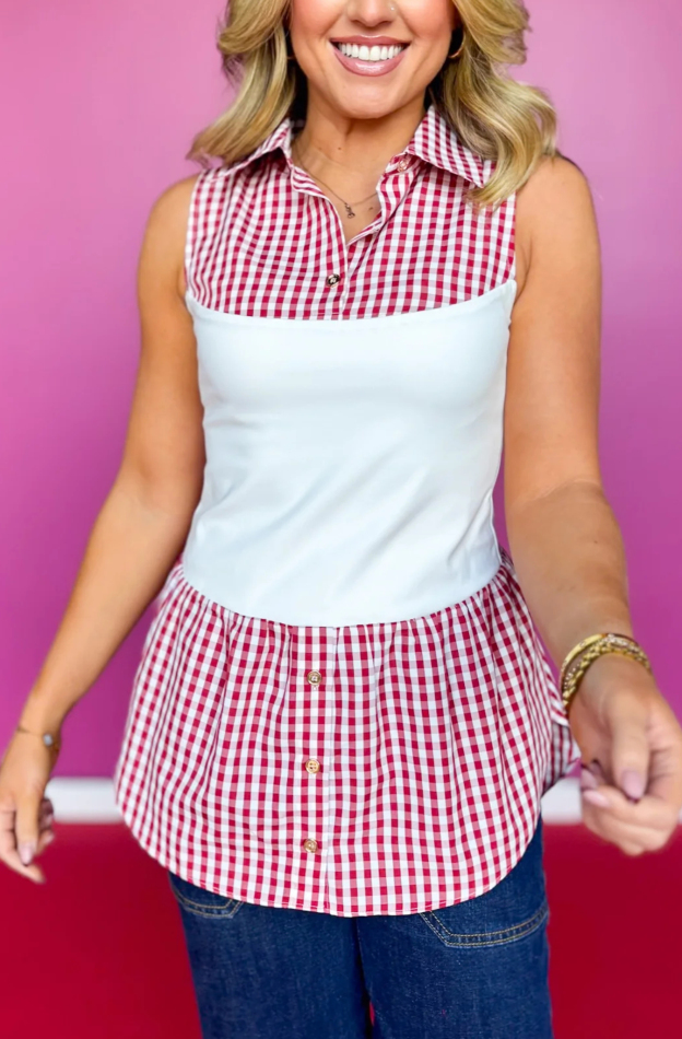 Signature Sleeveless Poplin Undershirt In Red Gingham