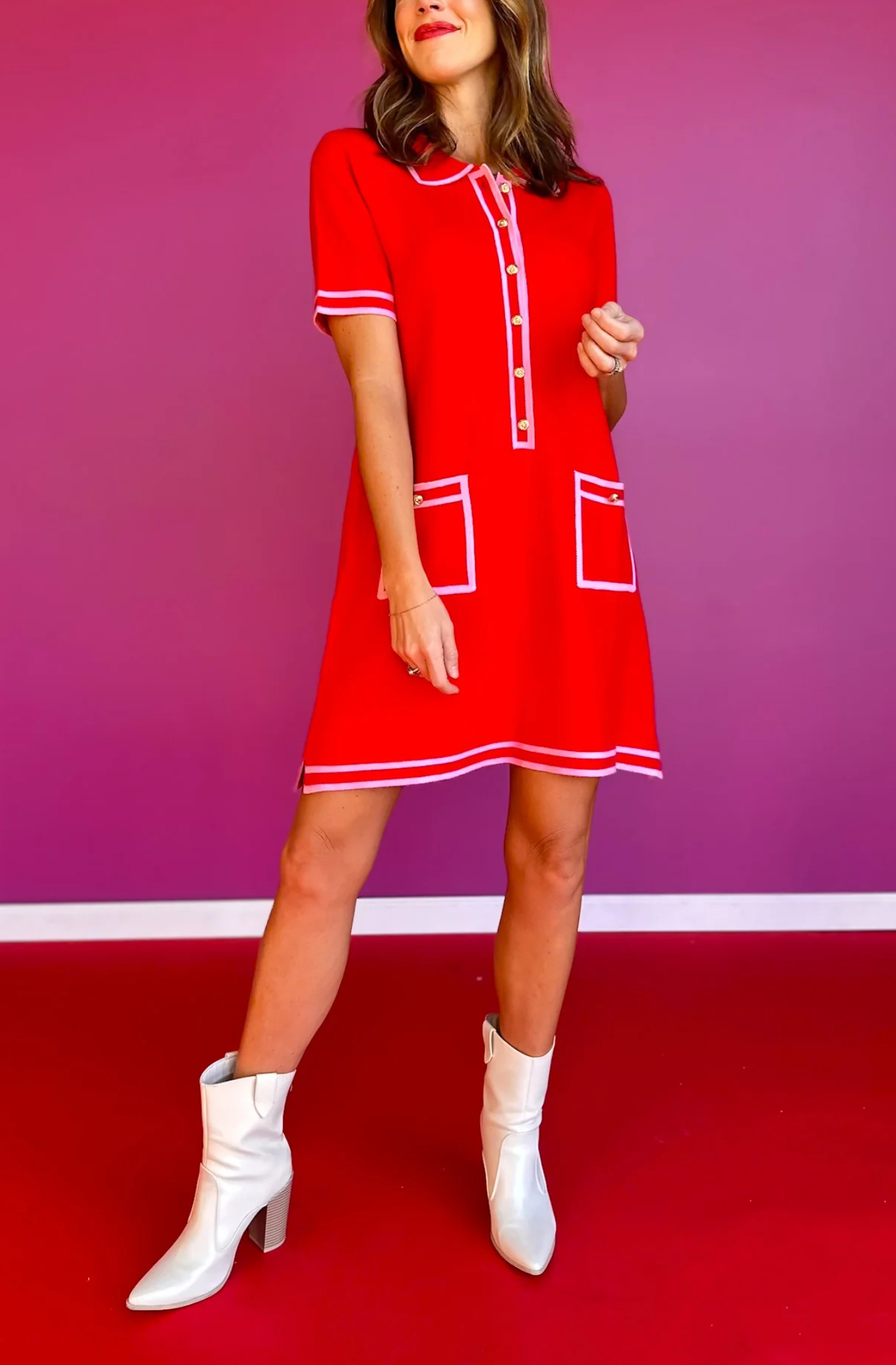 Contrast Knit Dress In Red Pink