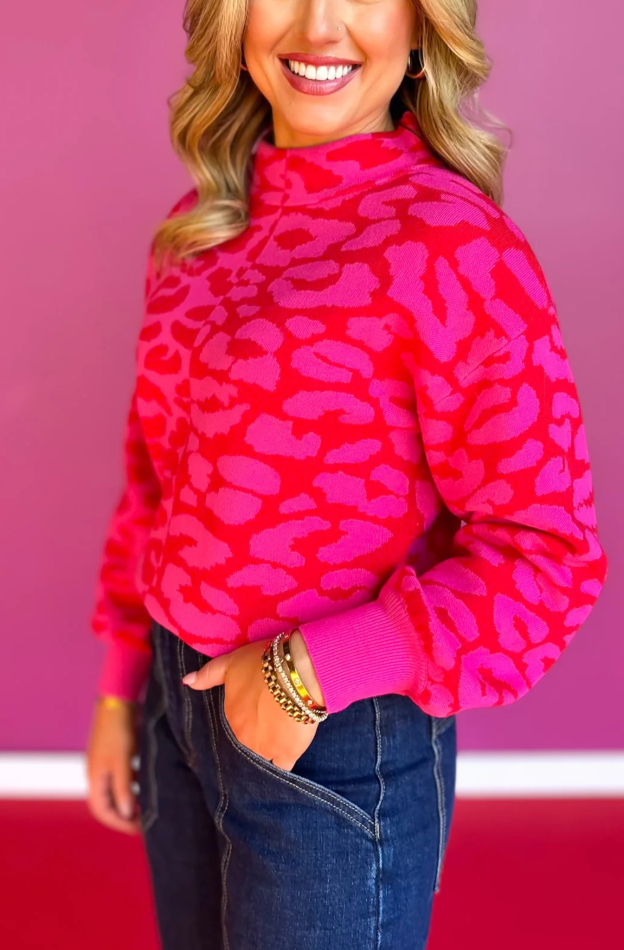 Mock Neck Sweater In Pink Red Animal