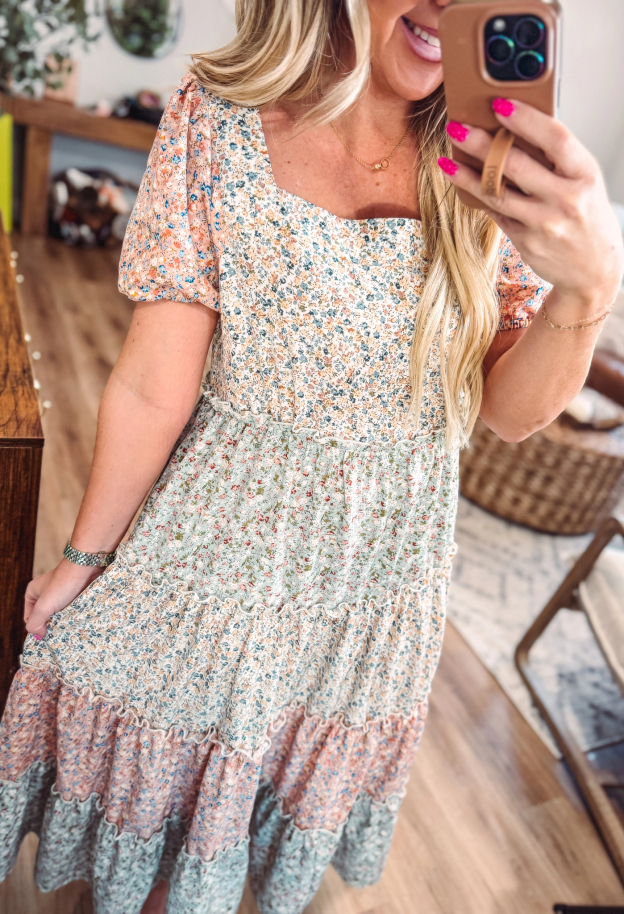 Effortlessly Flattering Pastel Patchwork Midi Dress