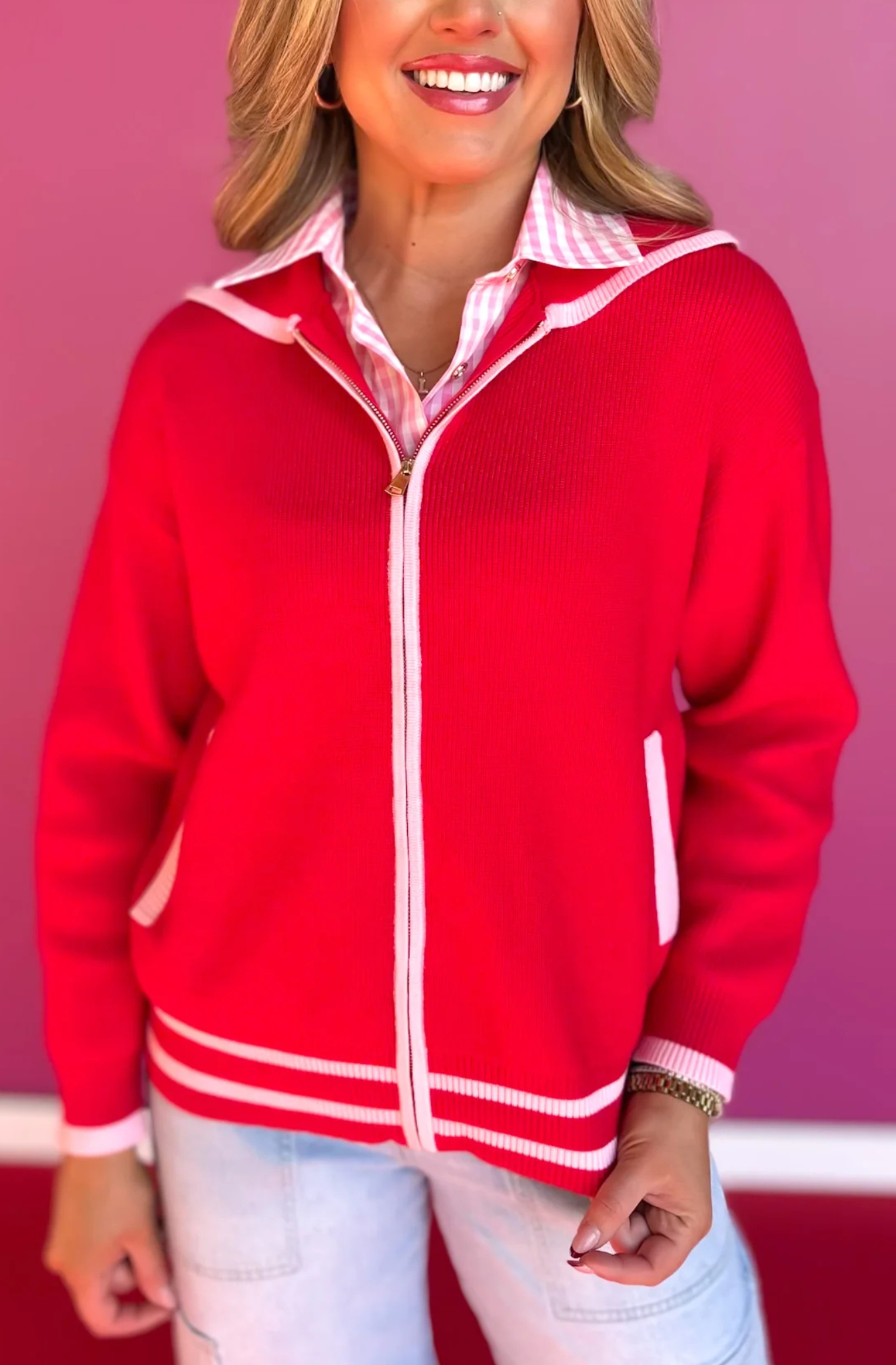 Red Varsity Knit Zip Up Sweater with PinkHearts