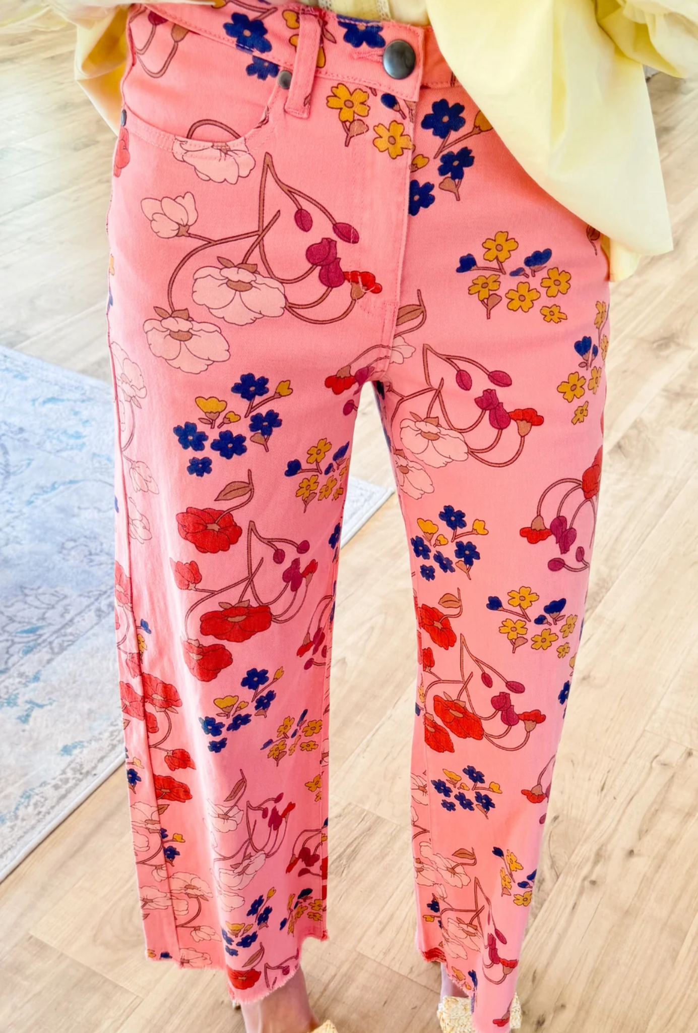 Coral Pink Floral Wide Leg Jeans