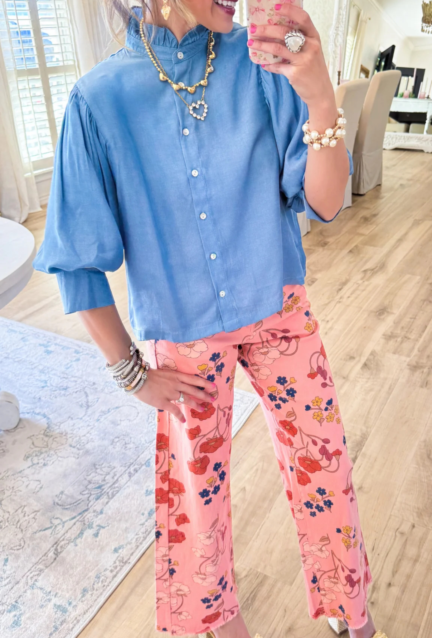 Sky Blue Ruffle Neck Puff Sleeve Blouse