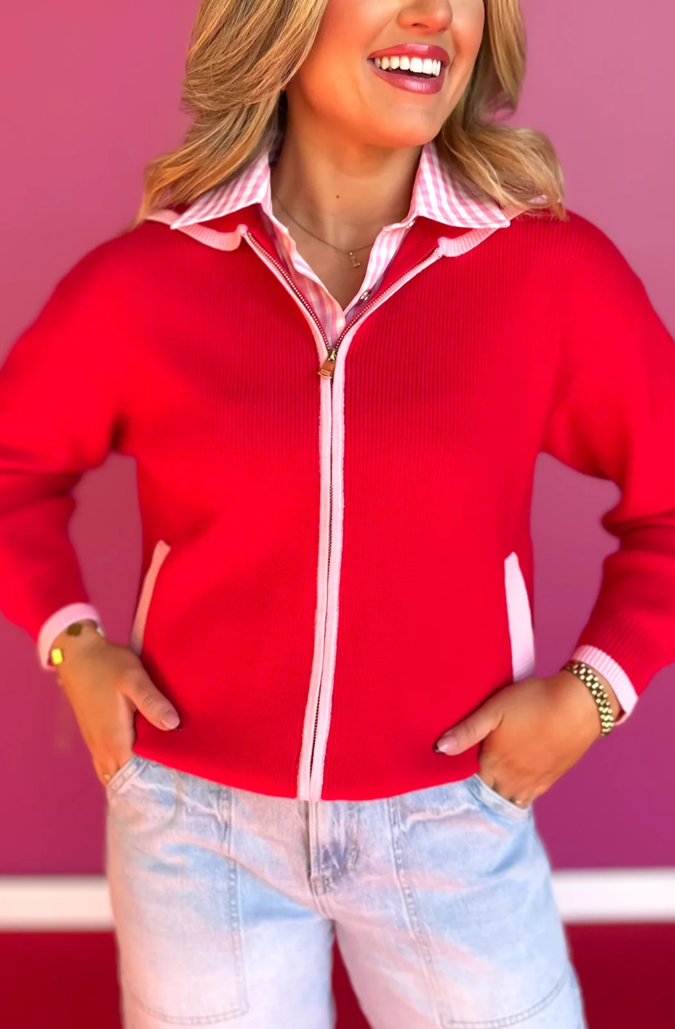 Red Varsity Knit Zip Up Sweater with PinkHearts