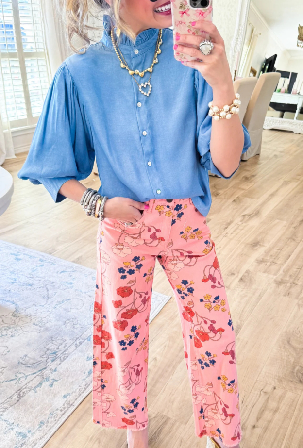 Sky Blue Ruffle Neck Puff Sleeve Blouse