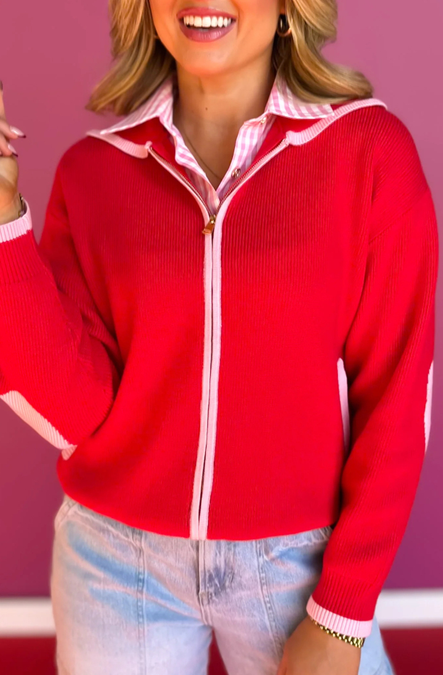 Red Varsity Knit Zip Up Sweater with PinkHearts