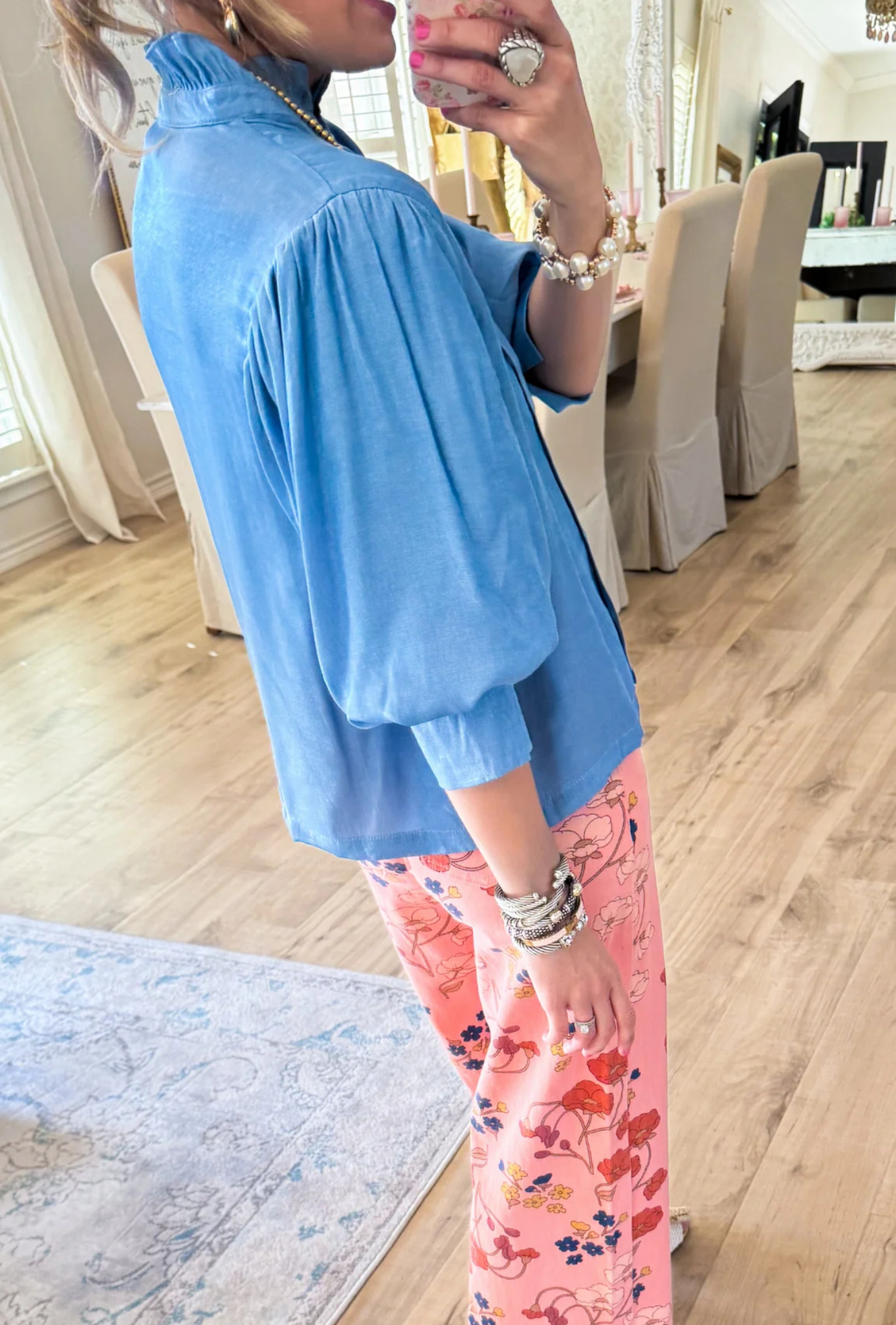 Sky Blue Ruffle Neck Puff Sleeve Blouse