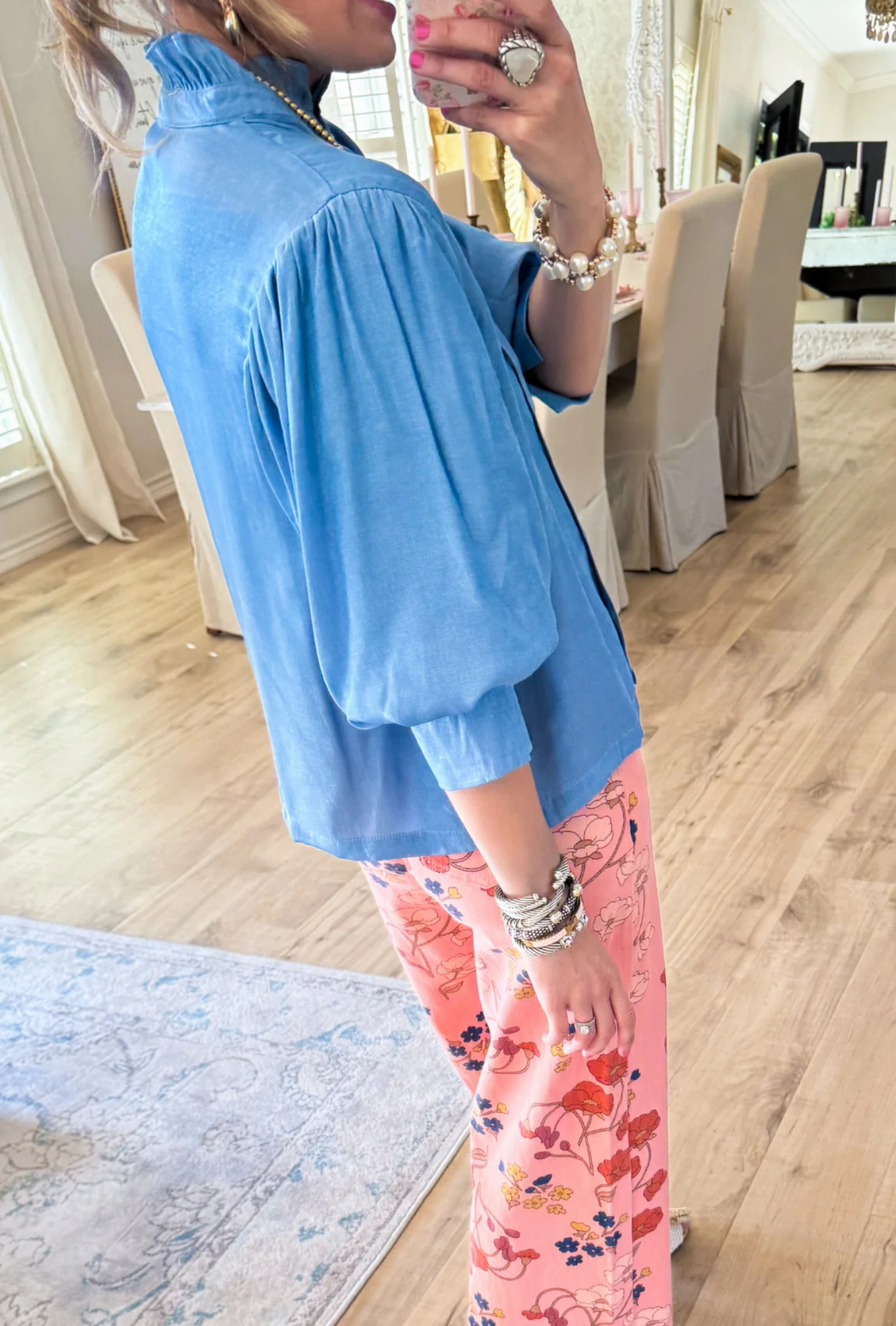 Sky Blue Ruffle Neck Puff Sleeve Blouse