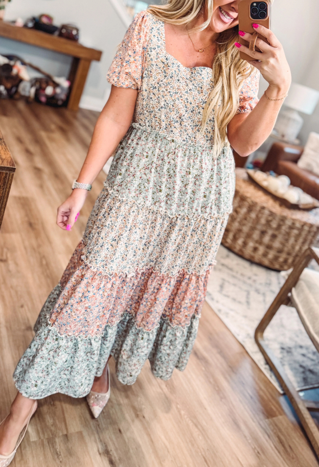 Effortlessly Flattering Pastel Patchwork Midi Dress