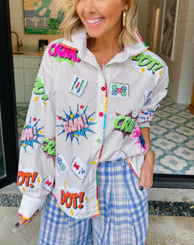 MAHJONG ICONS COLLARED TOP - WHITE