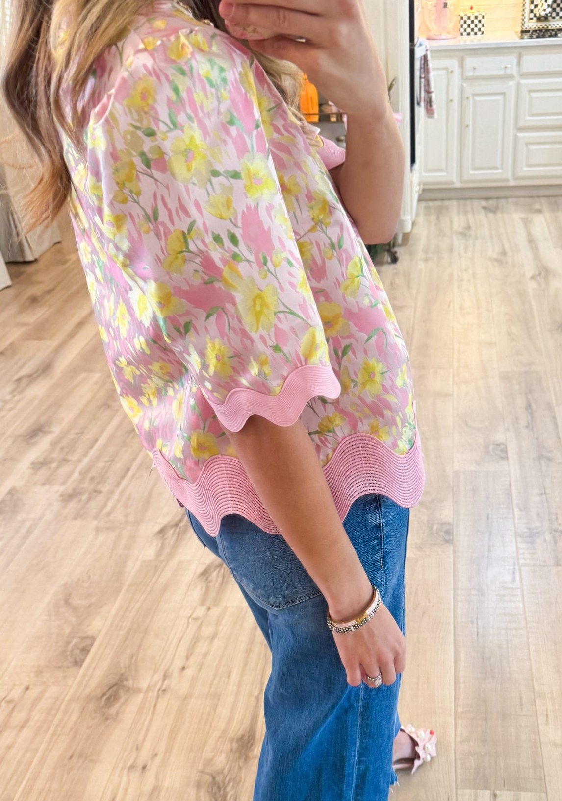 Pink Floral Wavy Trim Top