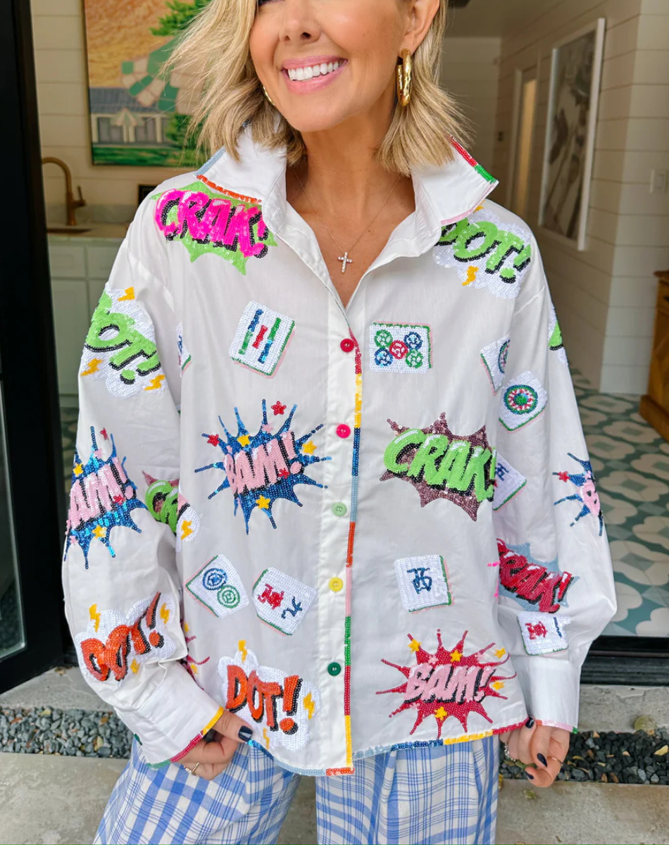 MAHJONG ICONS COLLARED TOP - WHITE