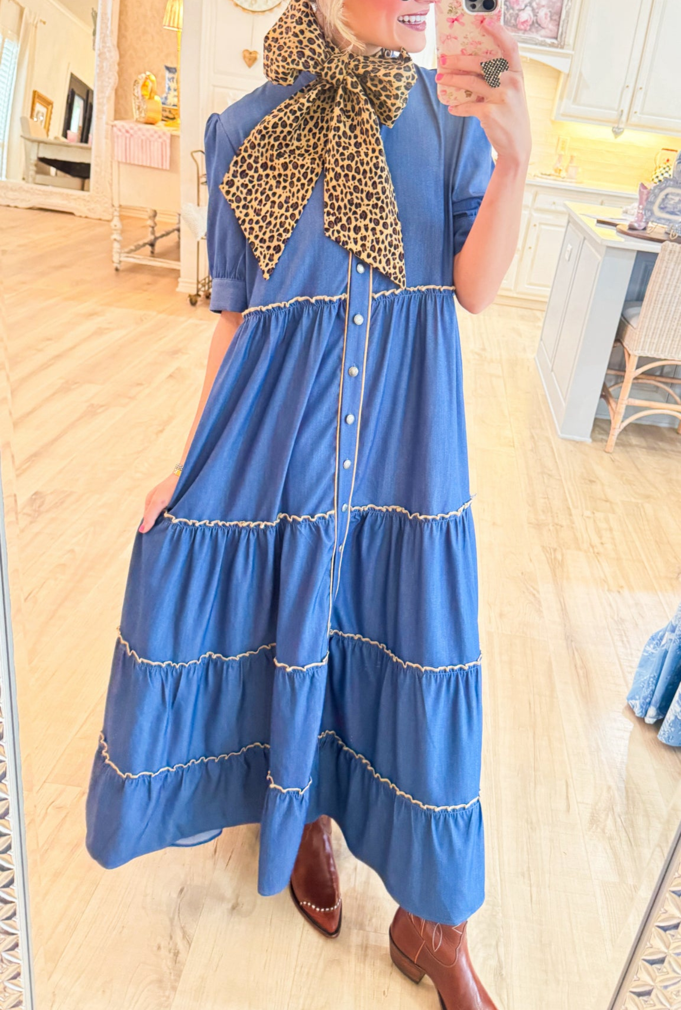 Denim Contrast Piping Maxi Dress