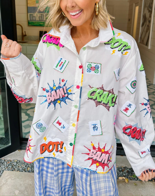 MAHJONG ICONS COLLARED TOP - WHITE