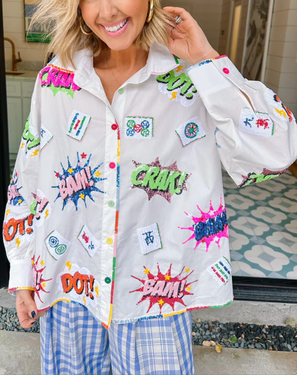 MAHJONG ICONS COLLARED TOP - WHITE