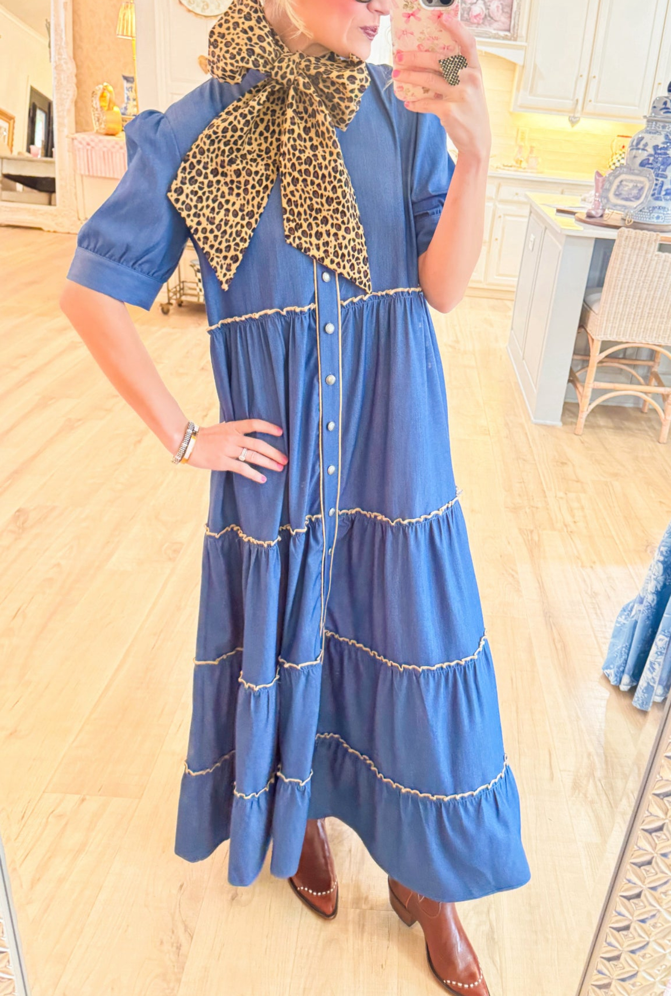Denim Contrast Piping Maxi Dress