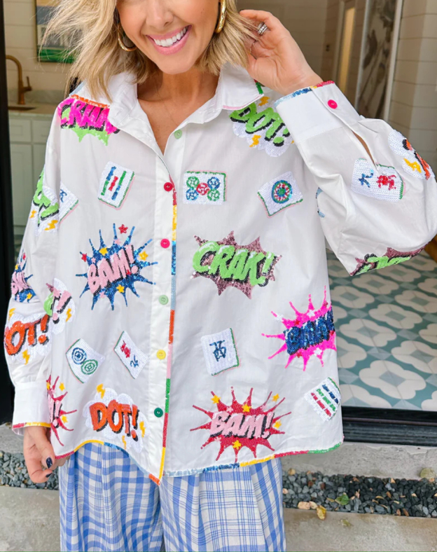 MAHJONG ICONS COLLARED TOP - WHITE