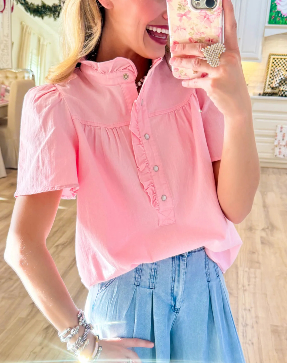 Cotton Pink Short Sleeve Button Down Top
