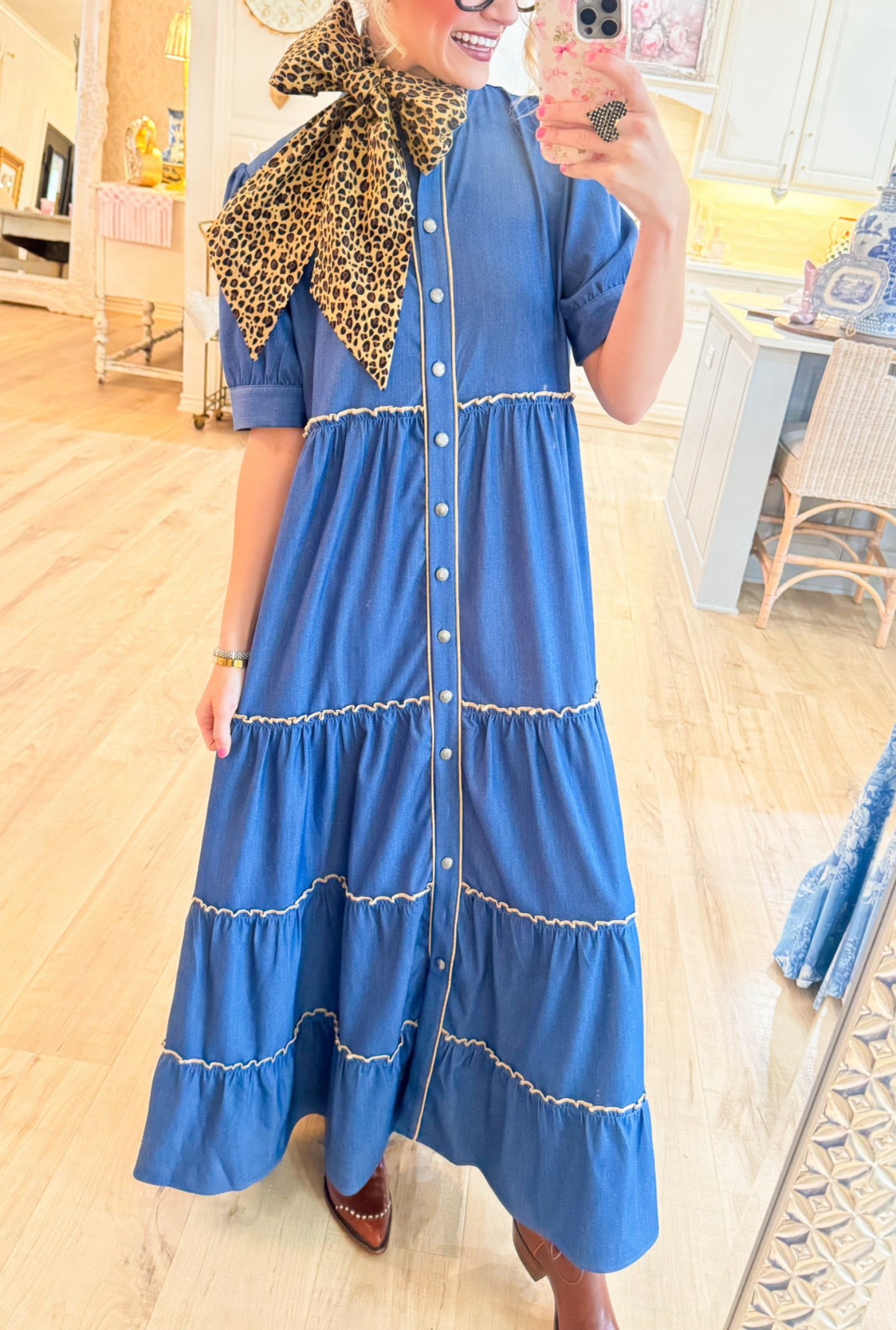 Denim Contrast Piping Maxi Dress