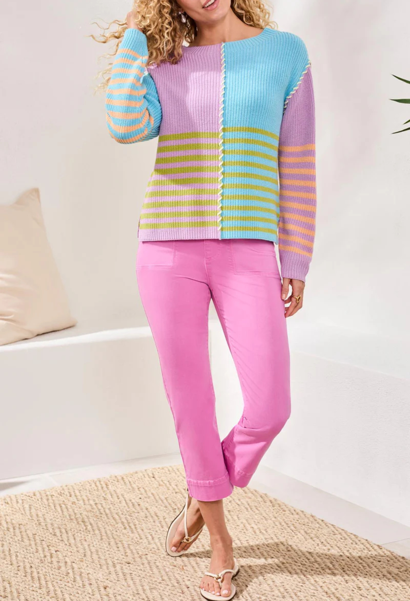 Stripe Textured Boat Neck Sweater