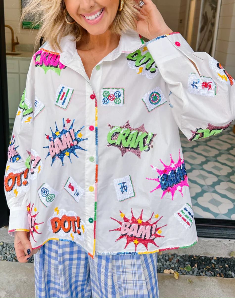 MAHJONG ICONS COLLARED TOP - WHITE