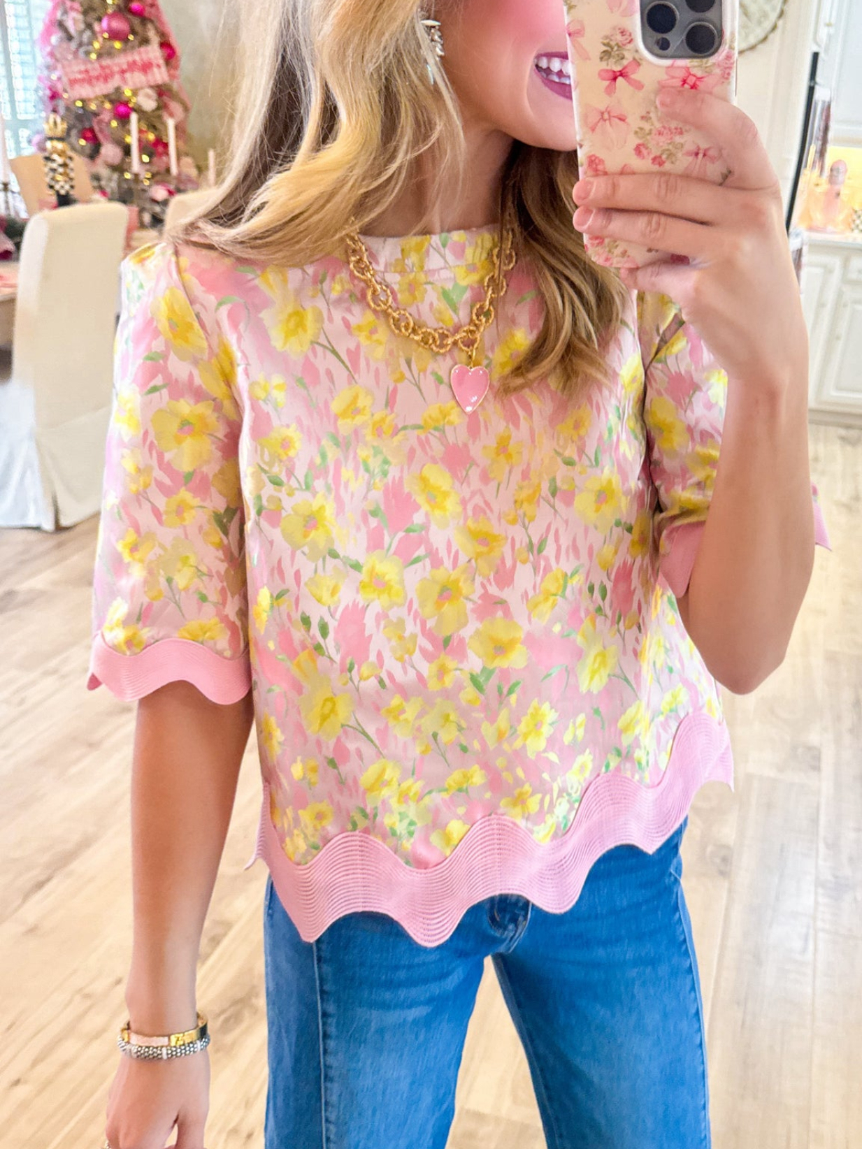 Pink Floral Wavy Trim Top
