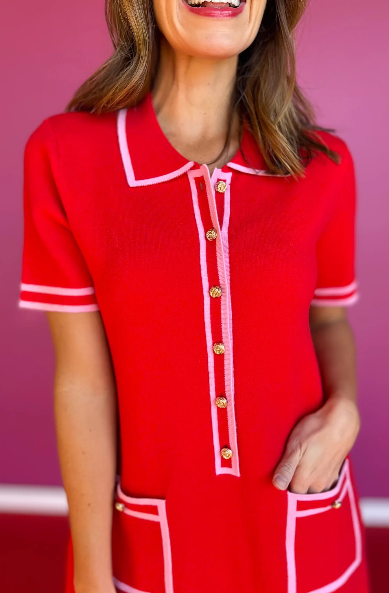 Contrast Knit Dress In Red Pink