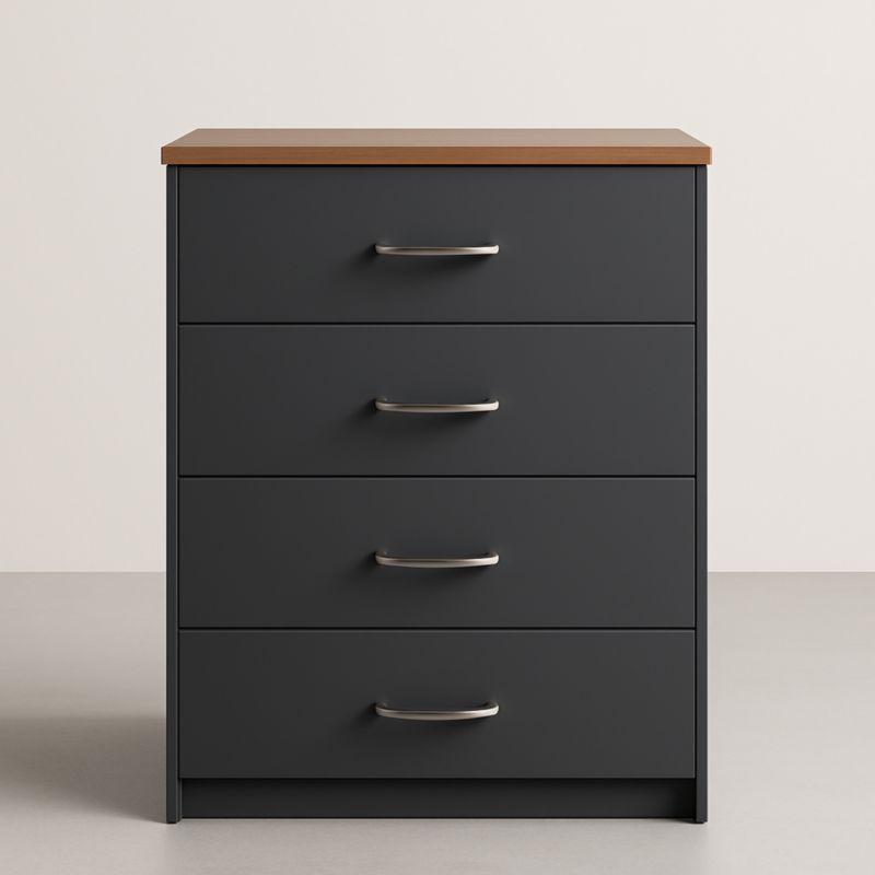 Cassettiera a 4 Cassetti MDF Nero con Superficie in Legno e Maniglie in Metallo