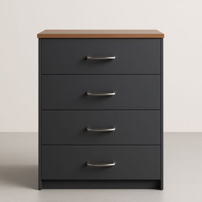 Cassettiera a 4 Cassetti MDF Nero con Superficie in Legno e Maniglie in Metallo