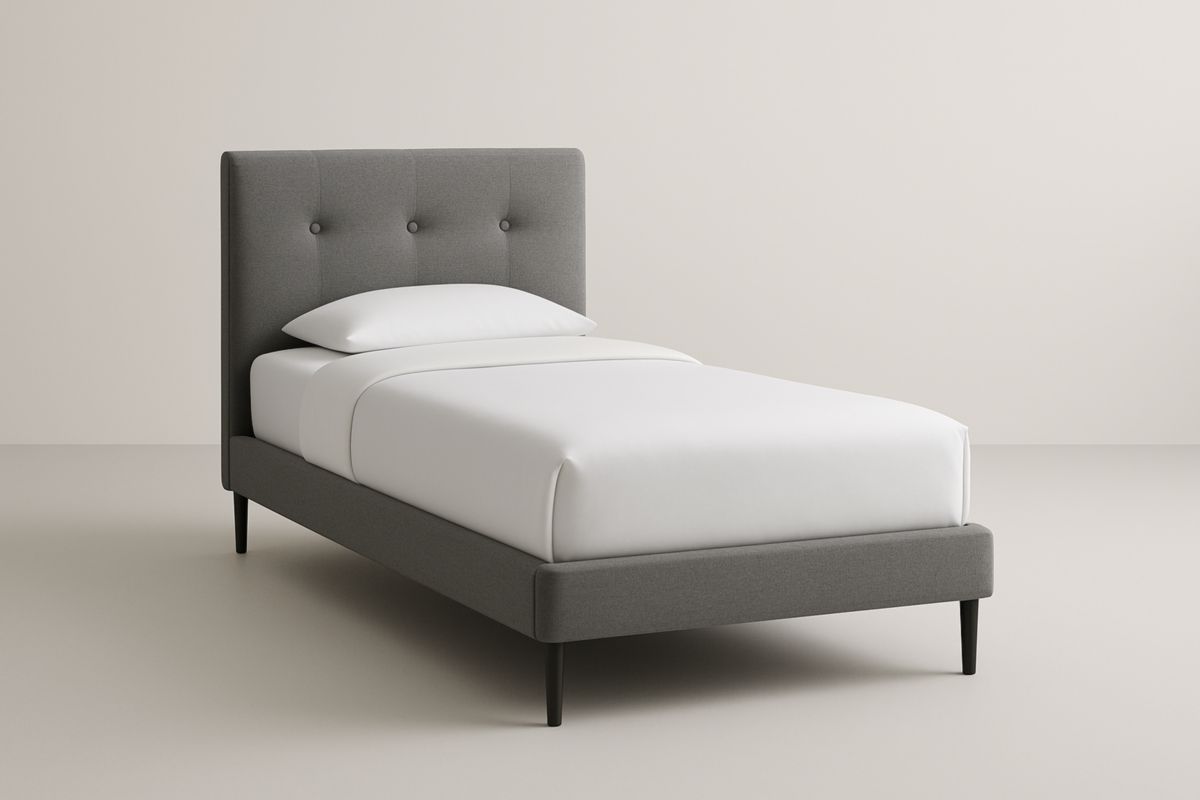 Letto singolo grigio in tessuto con struttura in legno massiccio 200x90x100 cm