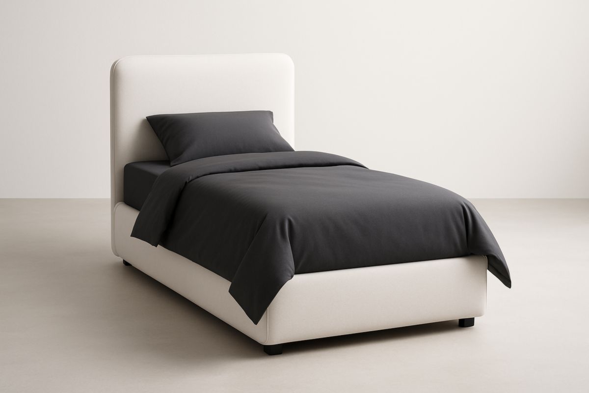 Letto singolo in legno massello e tessuto grigio crema