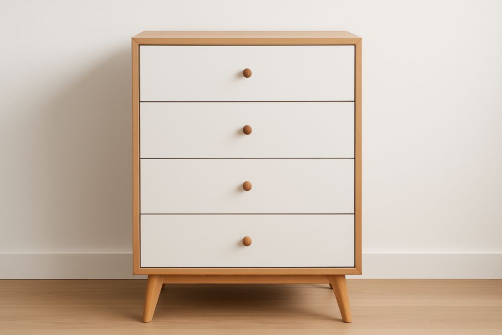 Cassettiera in MDF e Laminato Bianco e Legno 4 Cassetti