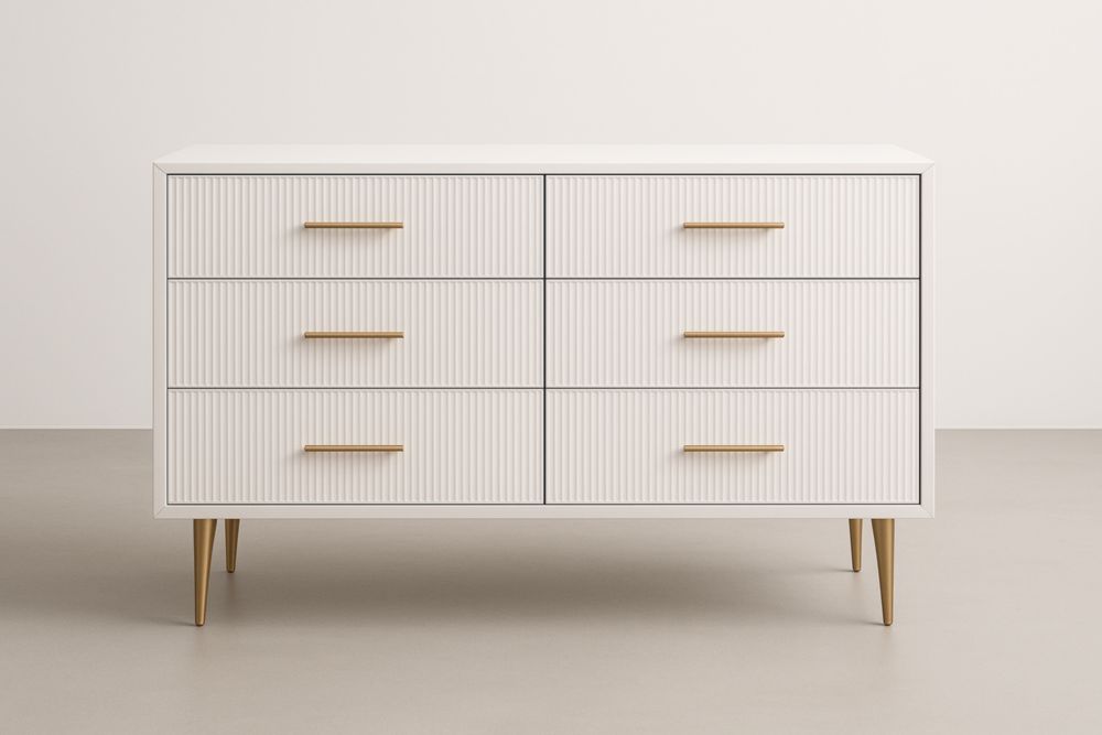 Cassettiera a sei cassetti in legno MDF bianco con gambe in acciaio dorato