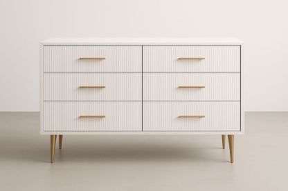 Cassettiera a sei cassetti in legno MDF bianco con gambe in acciaio dorato
