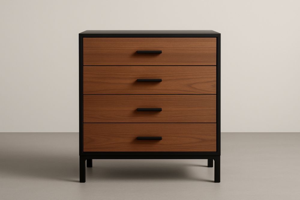 Cassettiera a 4 cassetti in legno MDF e acciaio, nero/marrone